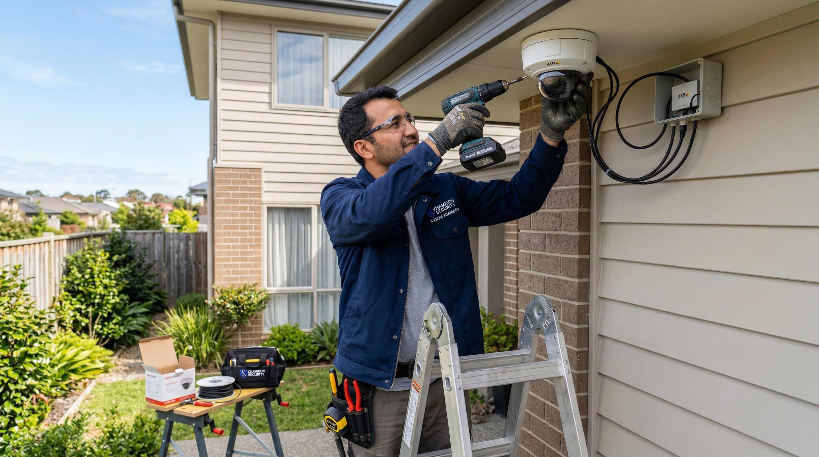 Ilkhom Khamidov installing an Axis security camera on a property